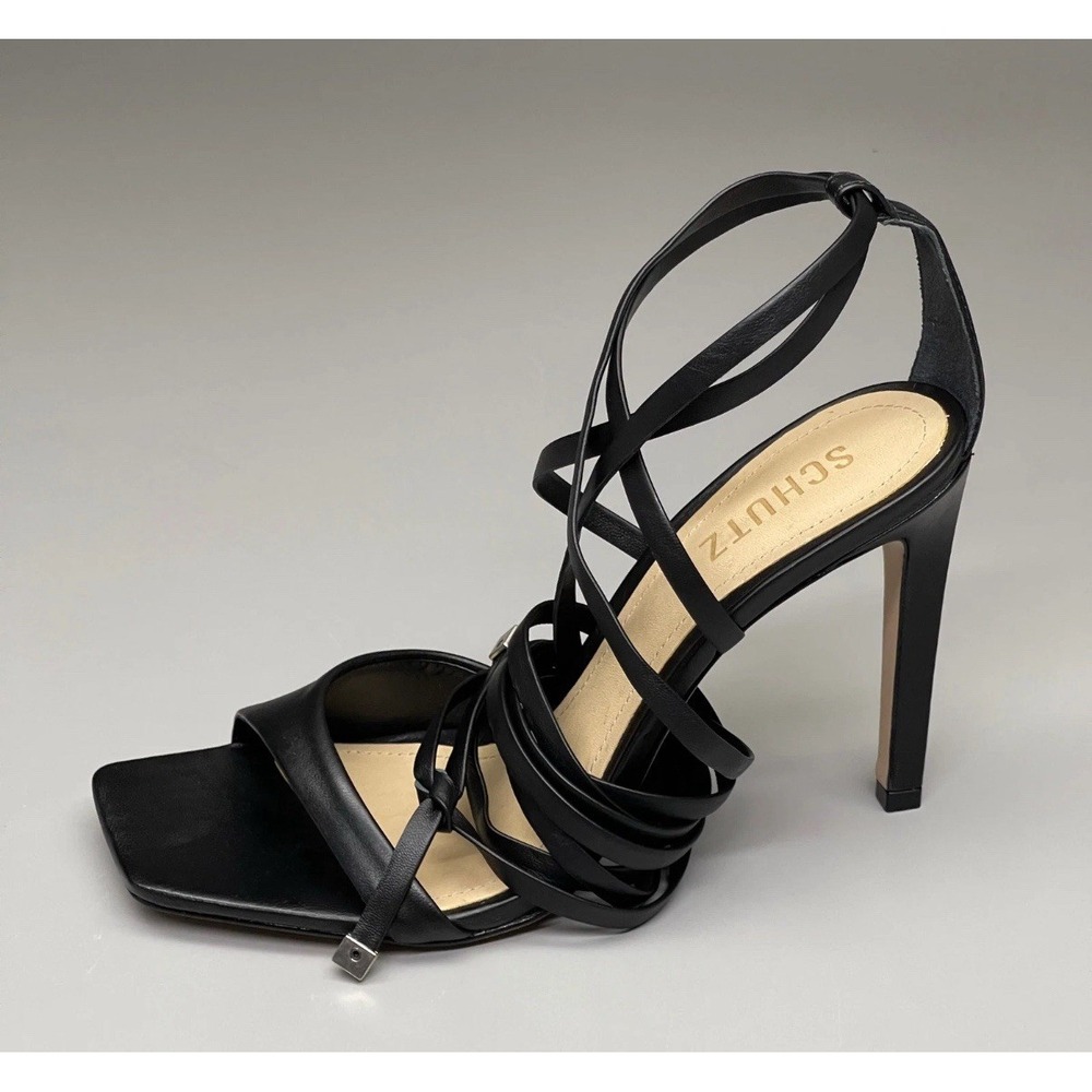 SCHUTZ Bryce Ankle Tie Women's Leather High Heel Strappy Sandal Black Sz 8 - Picture 4 of 5